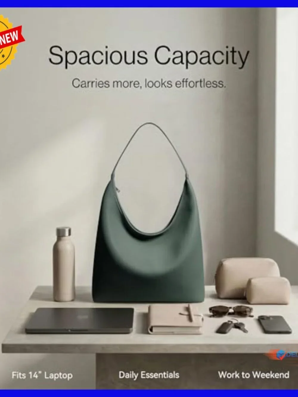 Large Vegan Leather Hobo Tote with Full Zip and Center Divider